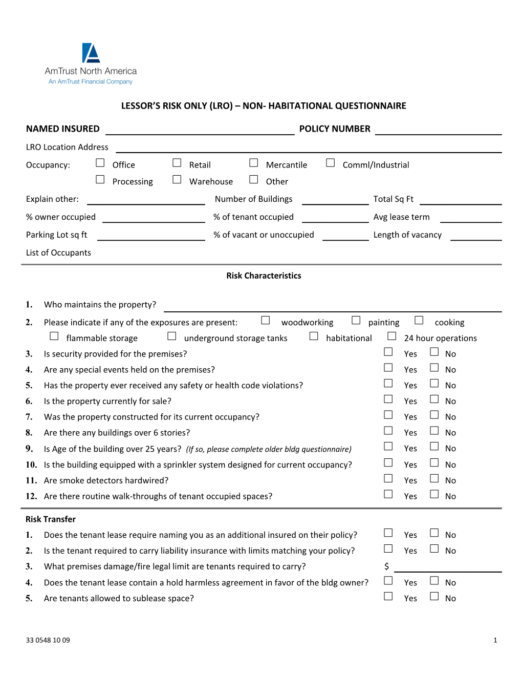 Lessor S Risk Only (Lro) Non- Habitational Questionnaire