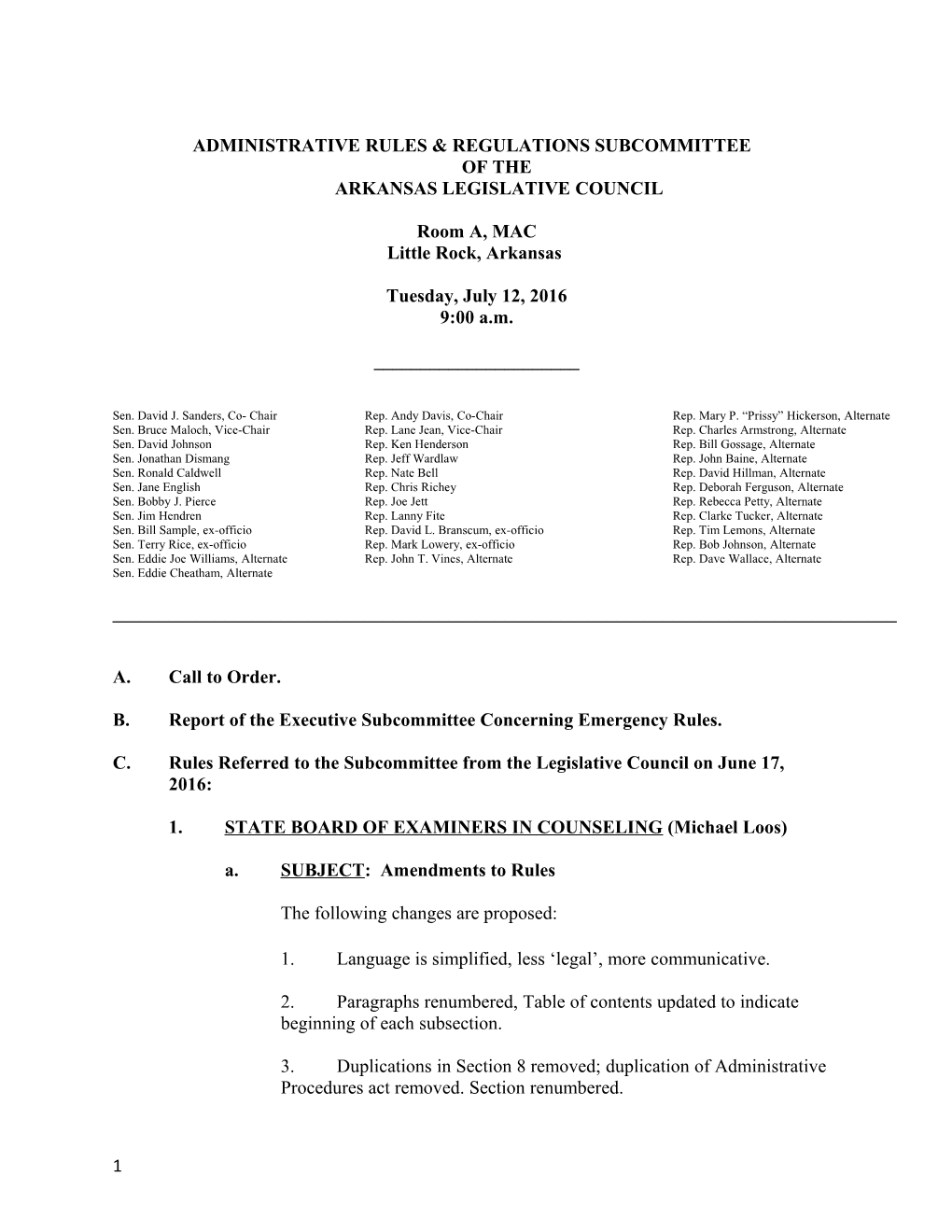 Administrative Rules & Regulations Subcommittee of the Arkansas Legislative Council