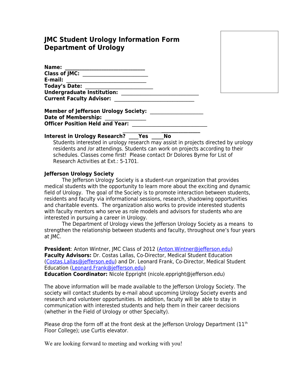 JMC Urology Information Form