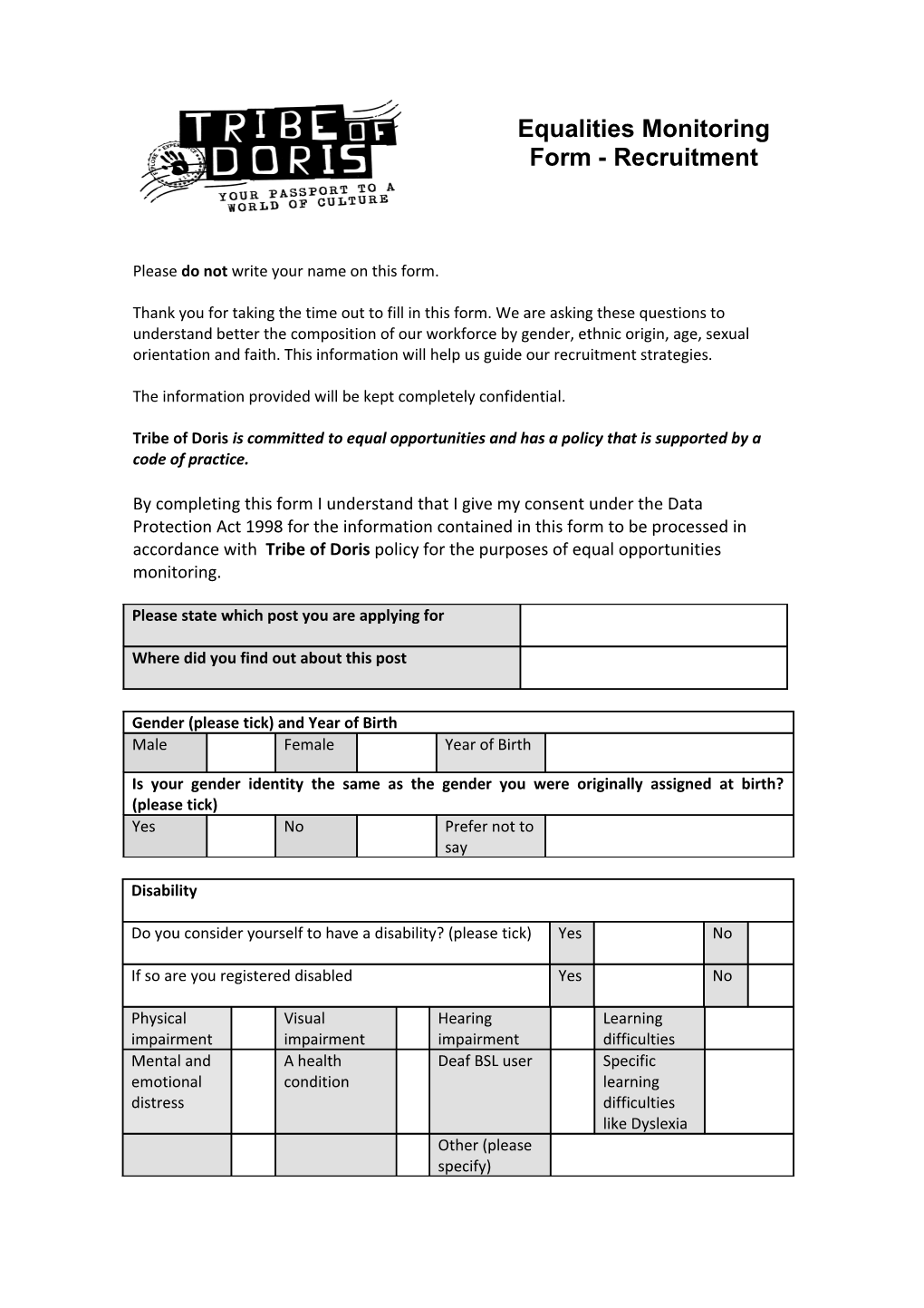 Imayla Equal Opportunities Monitoring Form - Recruitment