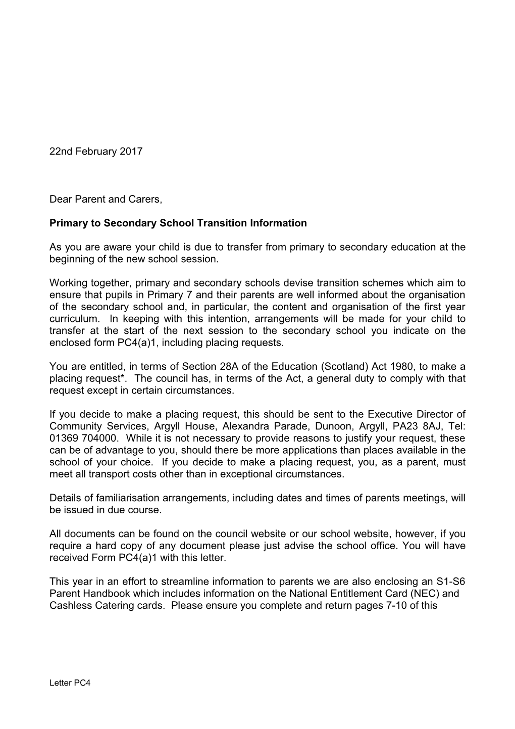 Primary to Secondary School Transition Information