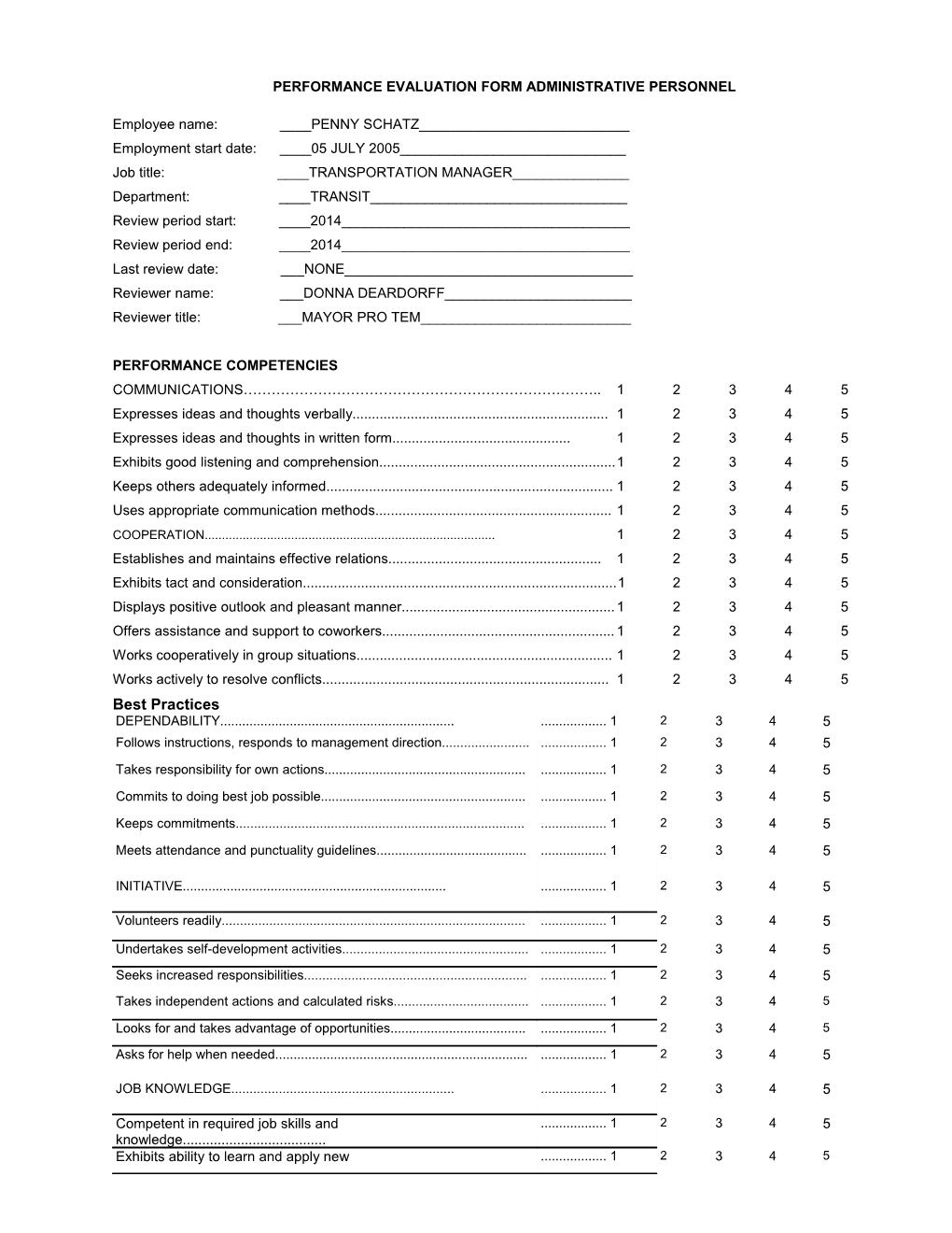 Performance Evaluation Form Administrative Personnel