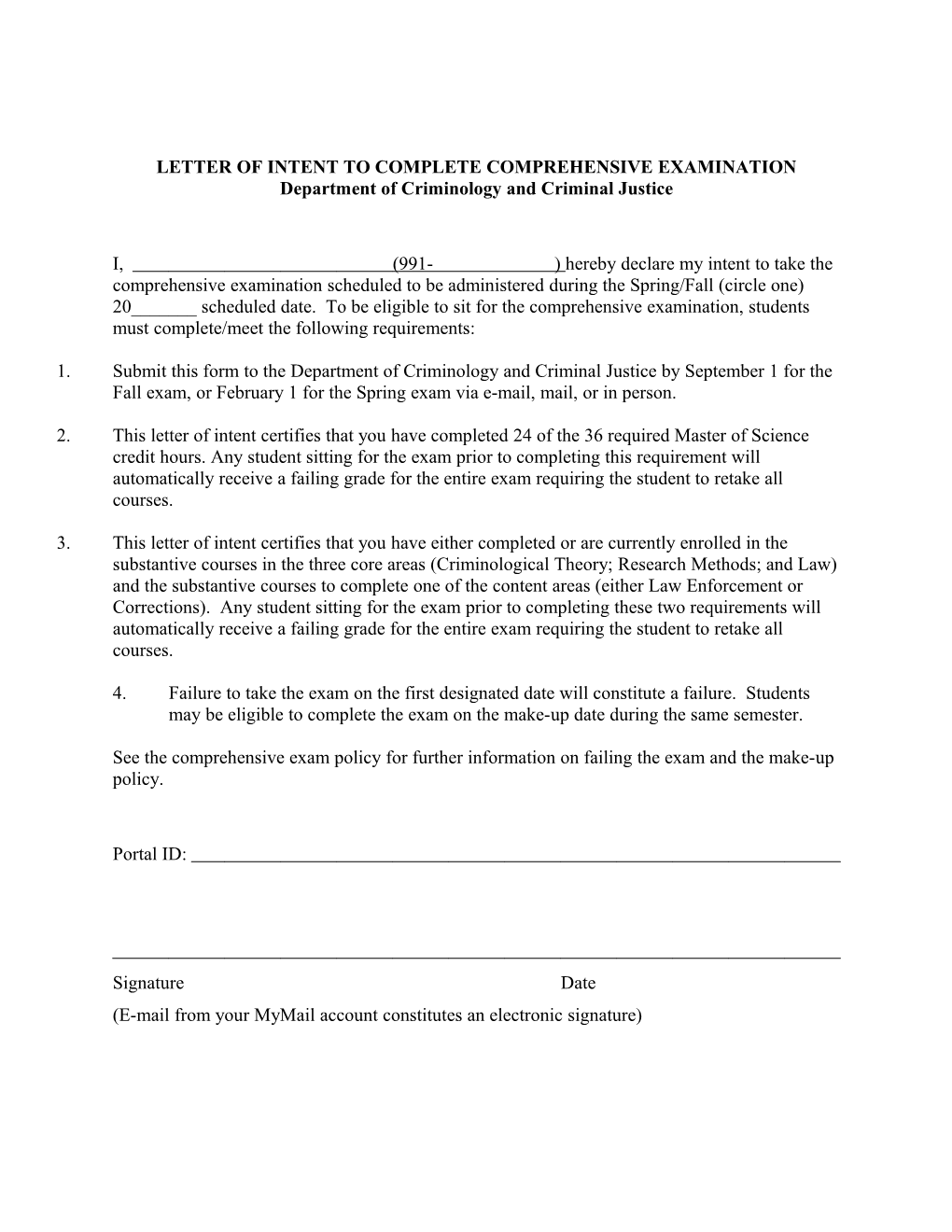 Letter Of Intent To Complete Comprehensive Examination