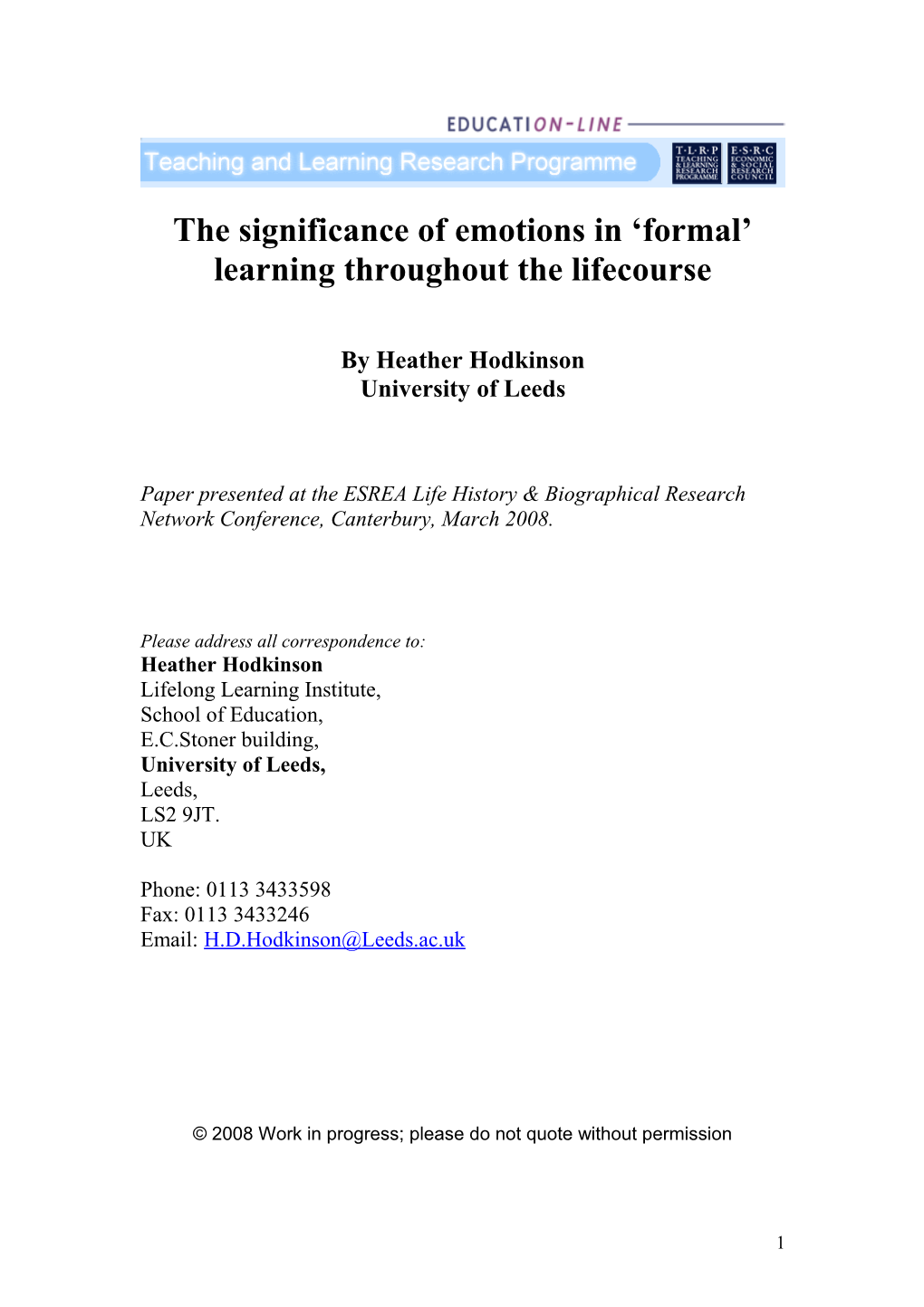 The Significance of Emotions in Formal Learning Throughout the Lifecourse