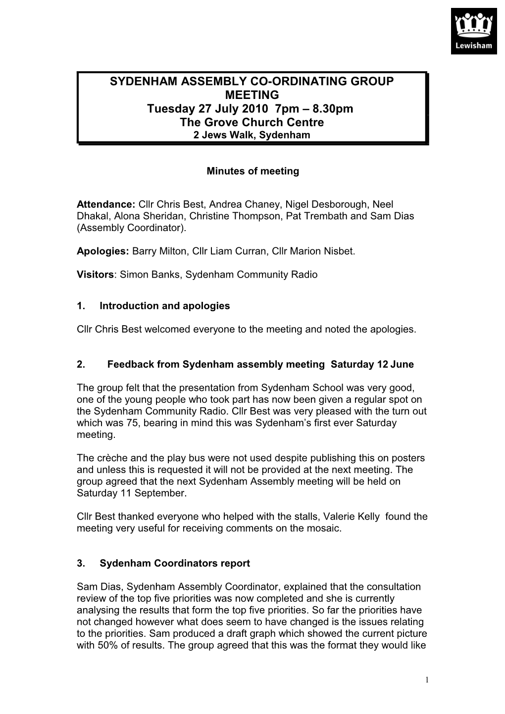 Sydenham Coordinating Group 27 July 2010