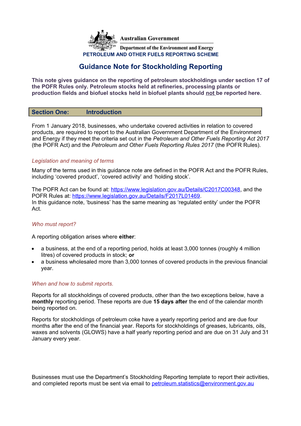 Stockholding Guidance Note