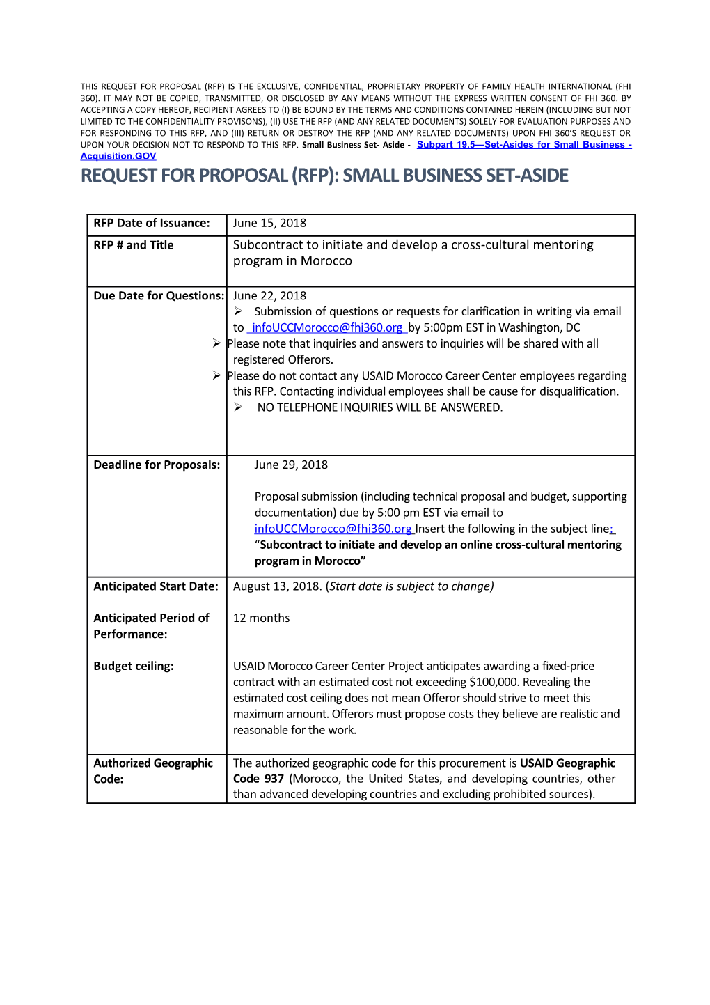 Request for Proposal (RFP): SMALL BUSINESS SET-ASIDE