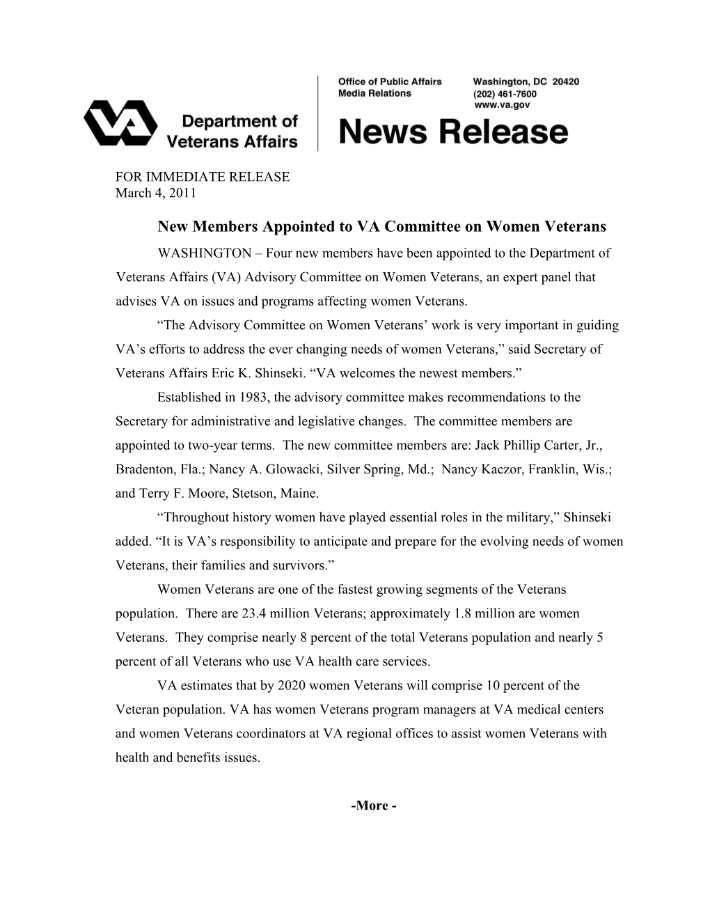 New Members Appointed to VA Committee on Women Veterans s1