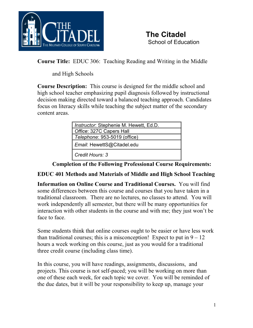 Course Title: EDUC 306: Teaching Reading and Writing in the Middle