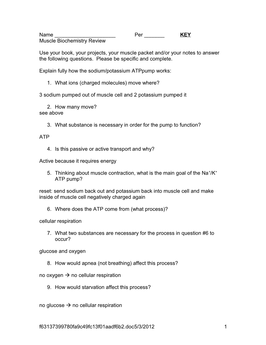 Muscle Biochemistry Review KEY