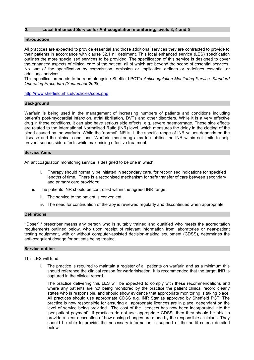 2. Local Enhanced Service for Anticoagulation Monitoring, Levels 3, 4 and 5