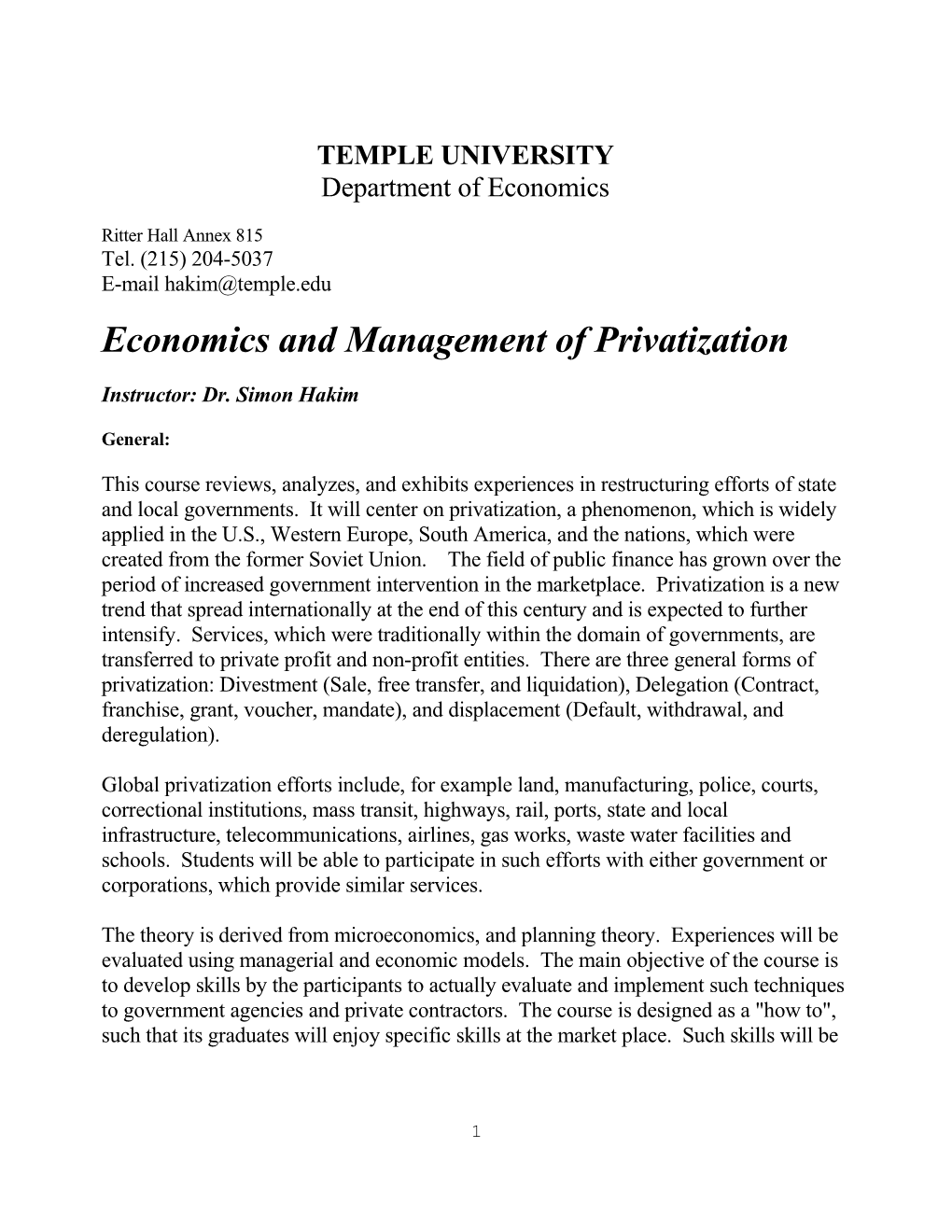 Economics and Management of Privatization