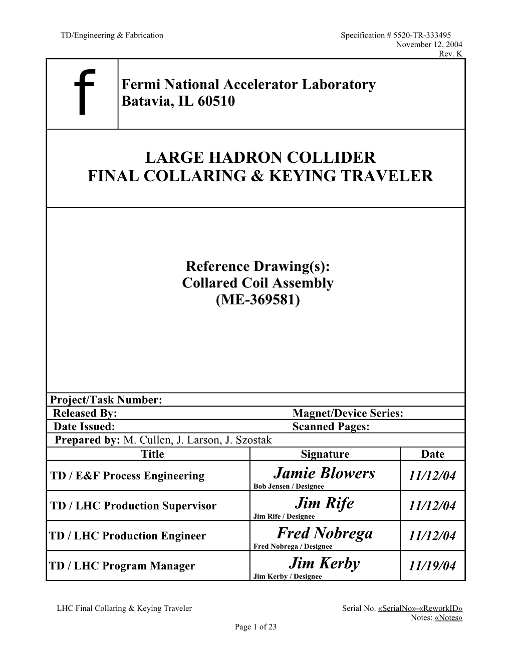 TD/Engineering & Fabrication Specification # 5520-TR-333495