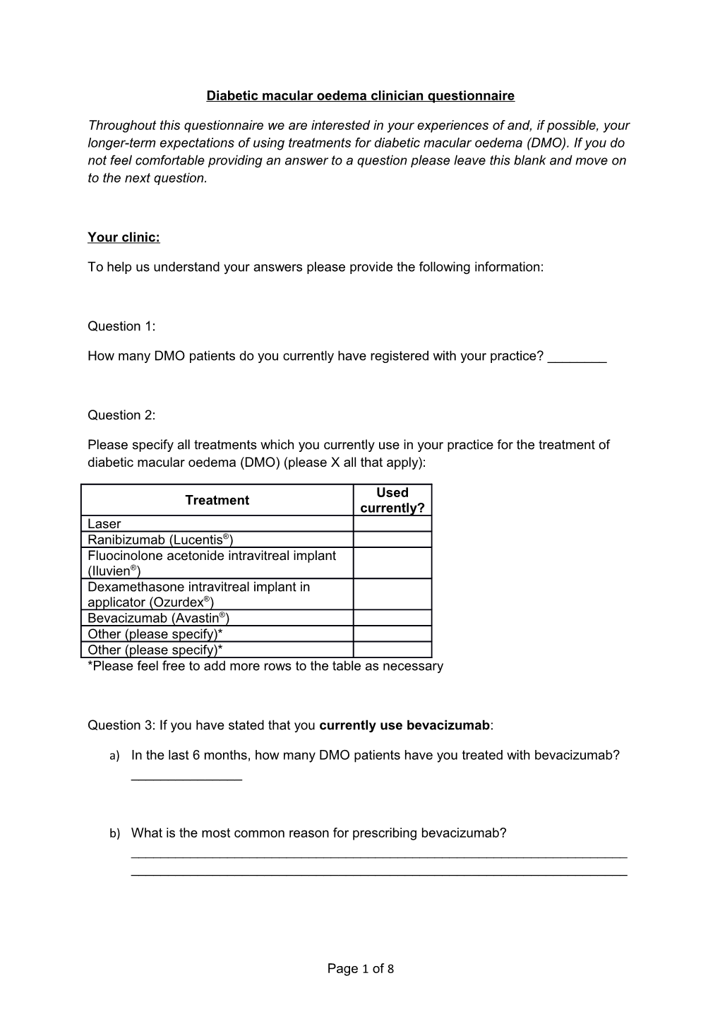 Diabetic Macular Oedema Clinician Questionnaire