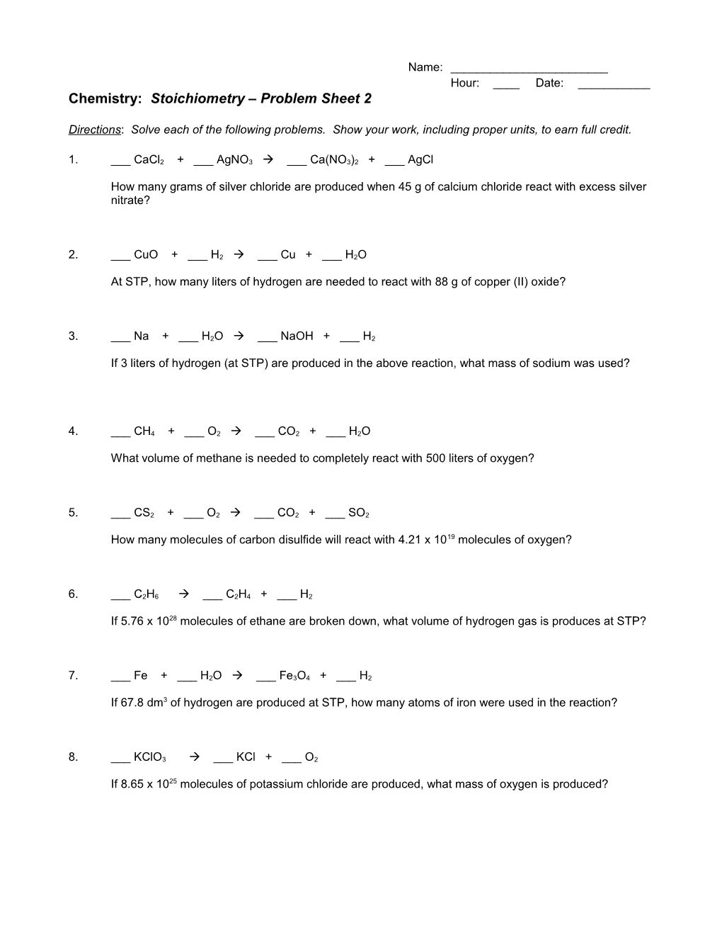 Stoichiometry: Problem Sheet 2