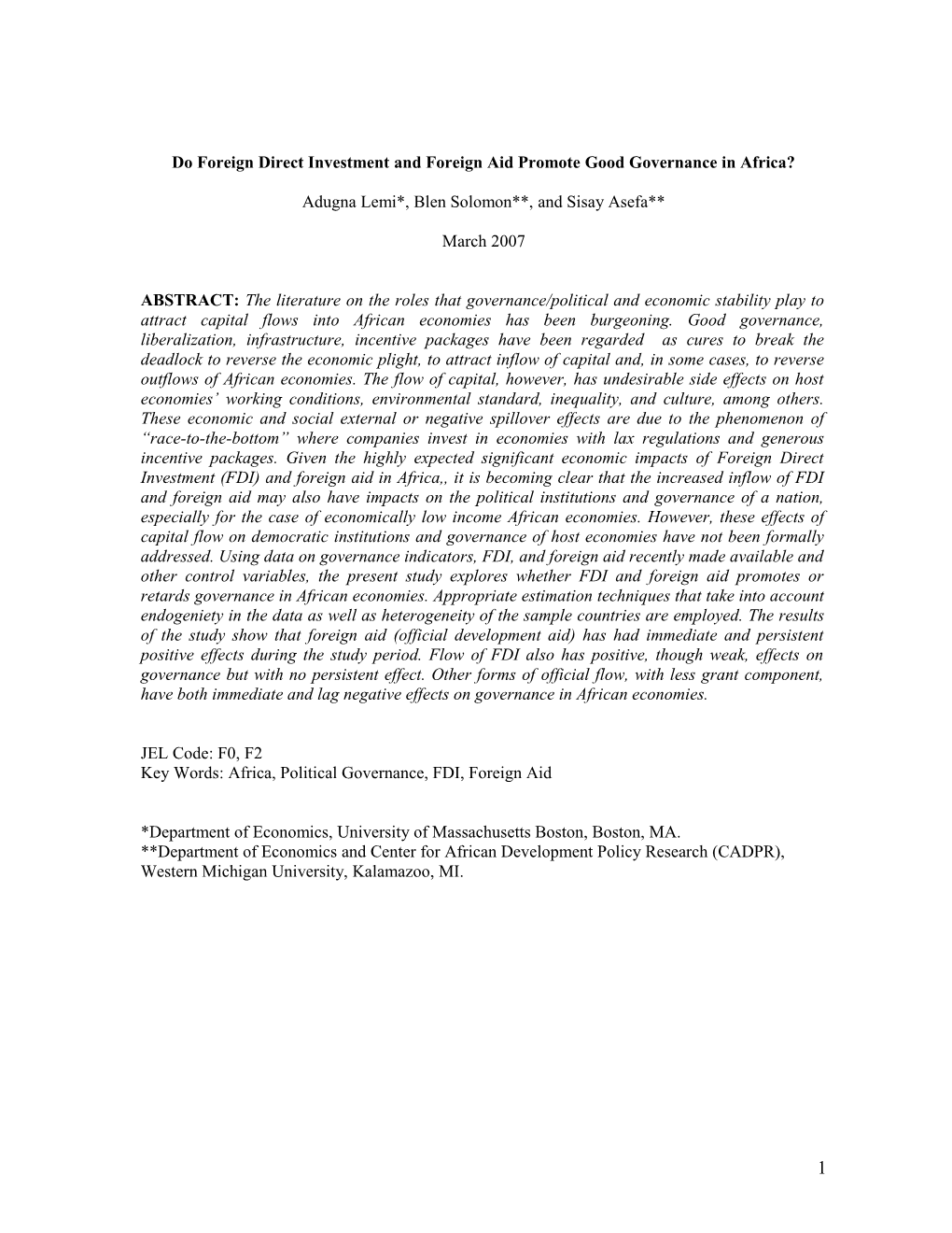 The Impact of Foreign Direct Investment (FDI) and Foreign Aid on Governance of African Economies