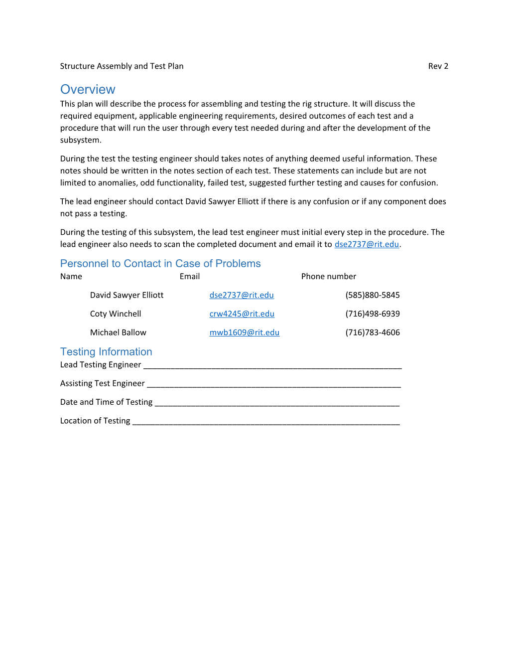 Structure Assembly and Test Plan Rev 2