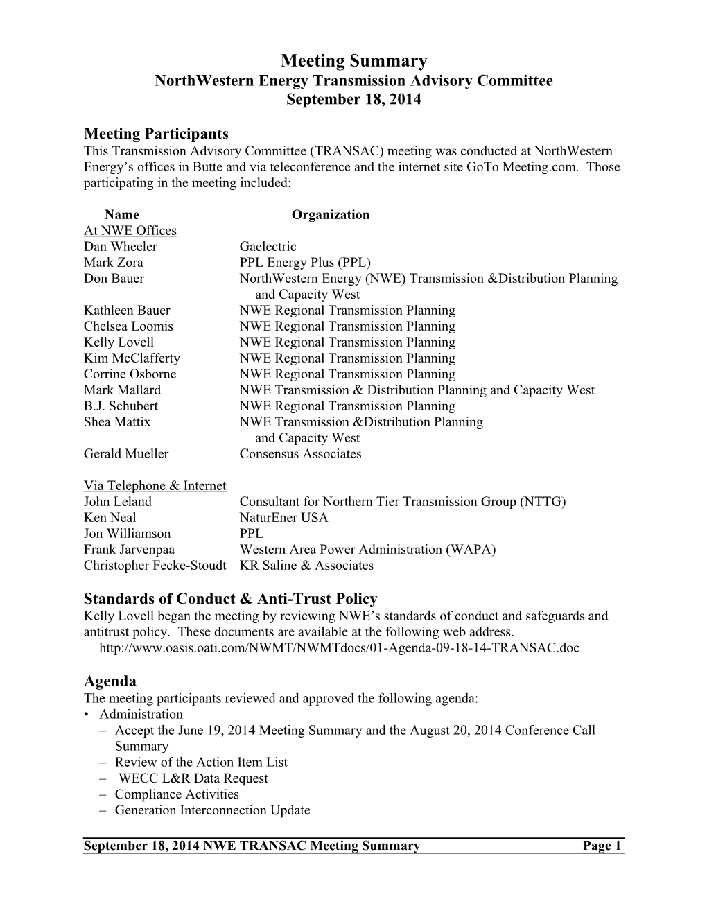 Northwestern Energy Transmission Advisory Committee s1