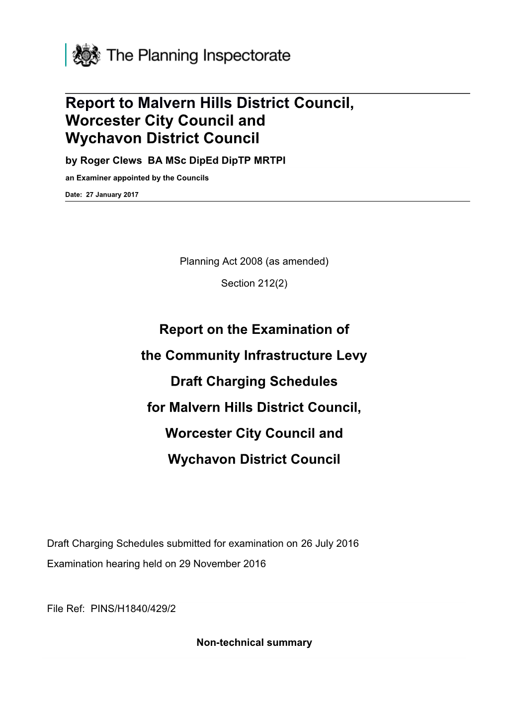 South Worcestershire Councils Draft CIL Charging Schedules, Examiner S Report January 2017
