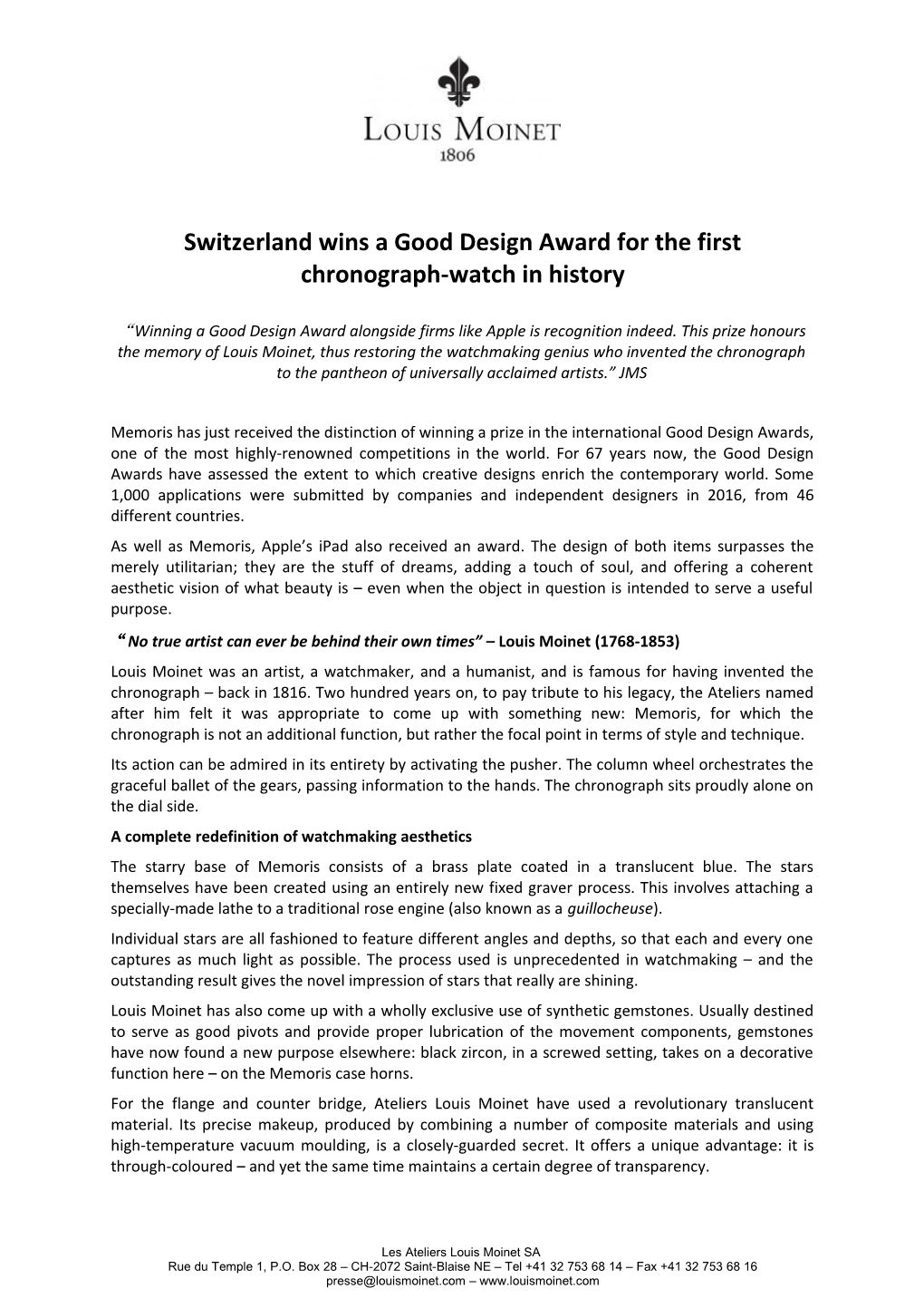 Switzerland Wins a Good Design Award for the First Chronograph-Watch in History