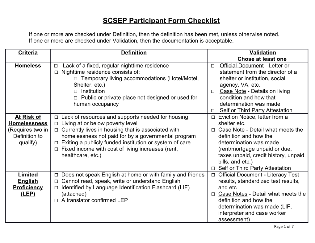 SCSEP Participant Form Checklist