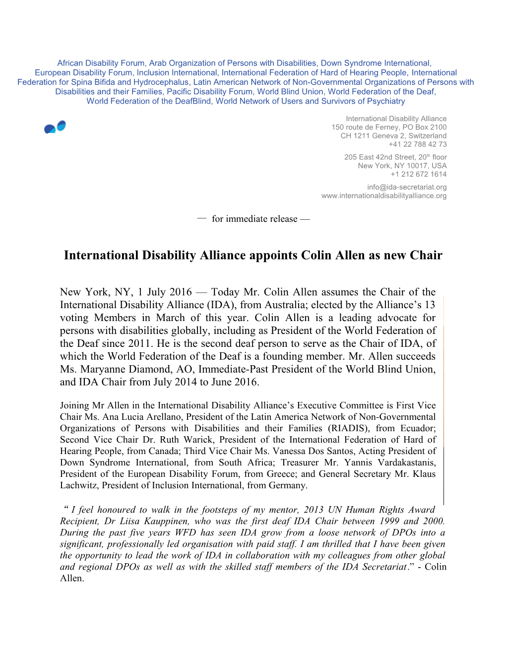 International Disability Alliance Appoints Colin Allen As New Chair