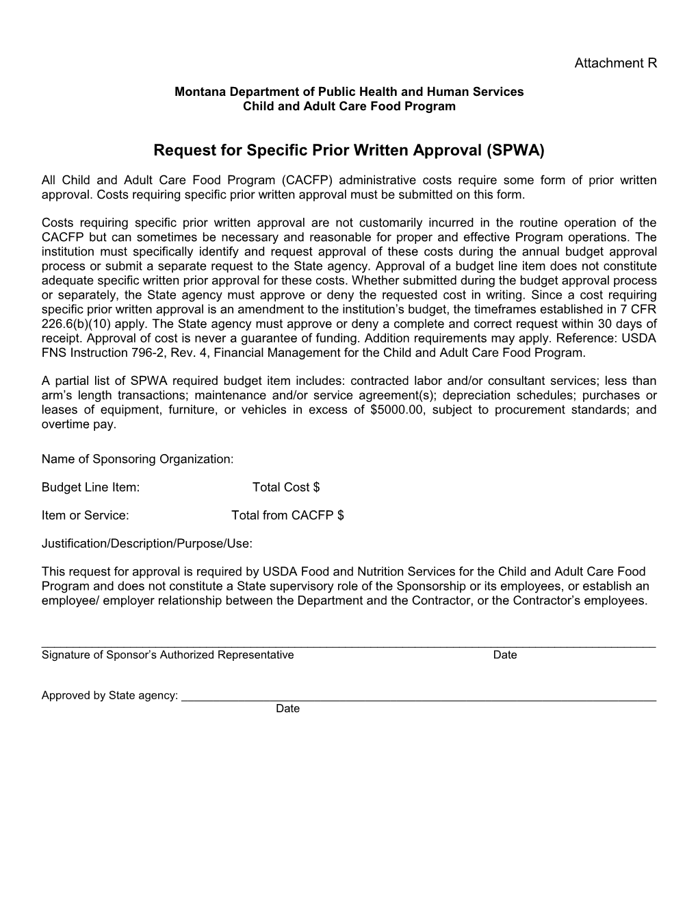 Attachment R Request for Specific Prior Written Approval