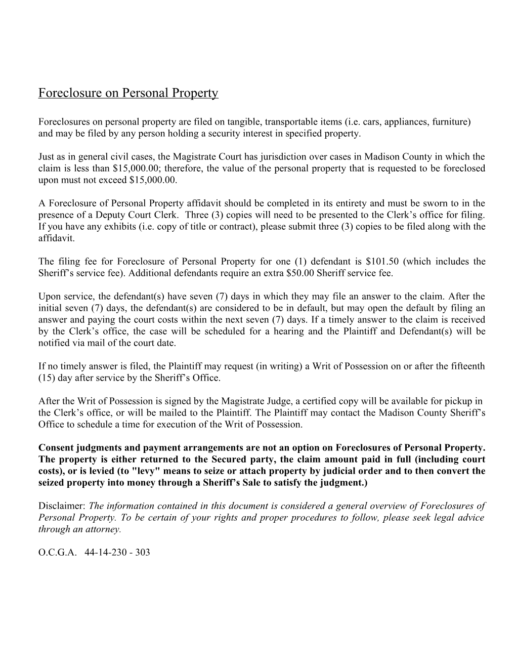 Foreclosure on Personal Property