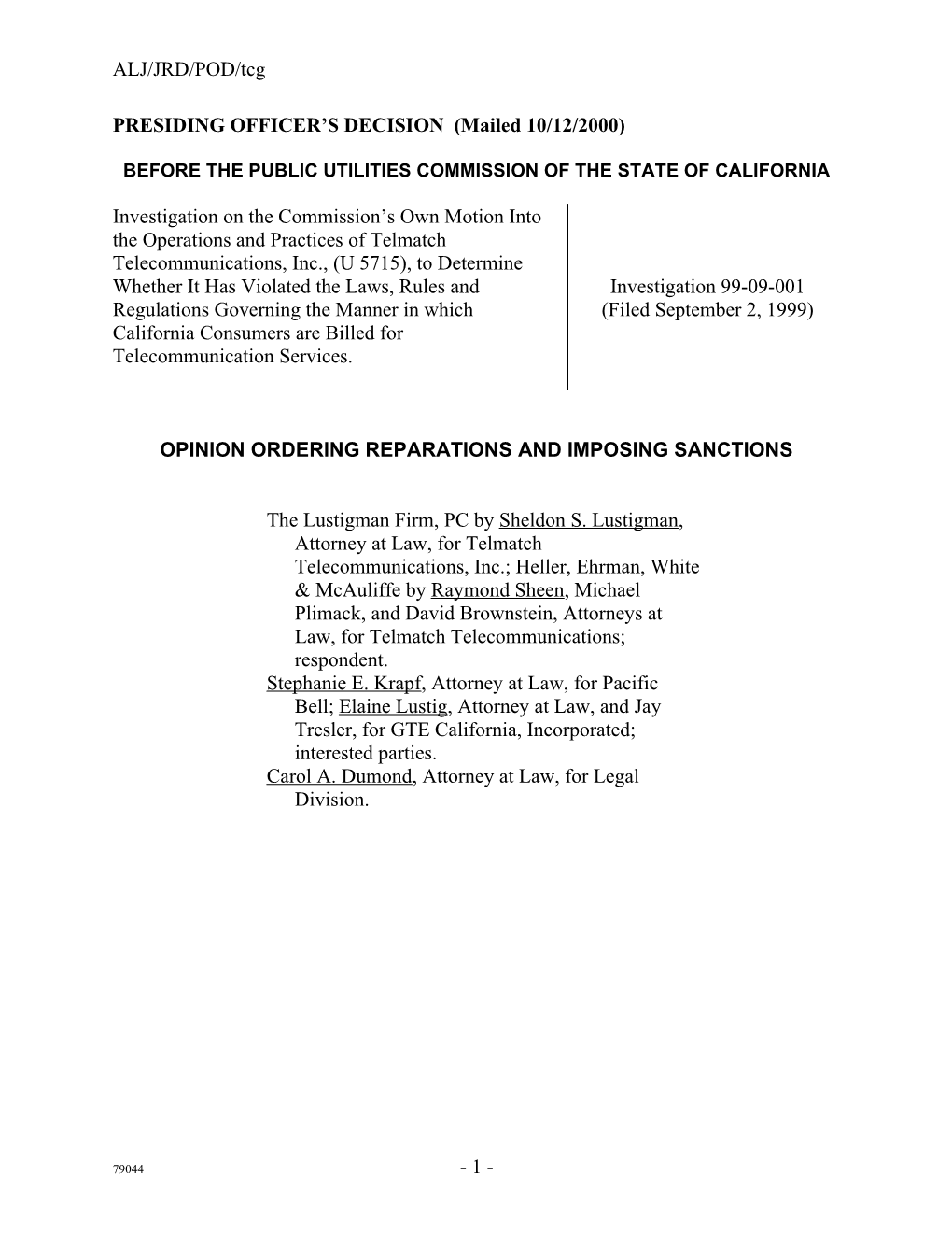 Before the Public Utilities Commission of the State of California s119