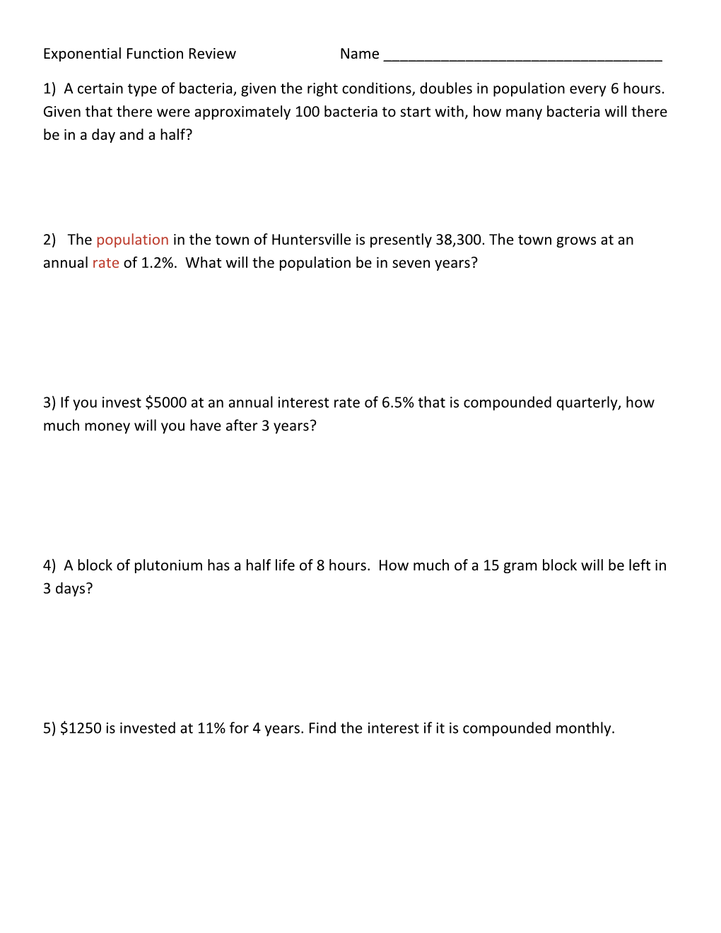 Exponential Function Review Name ______