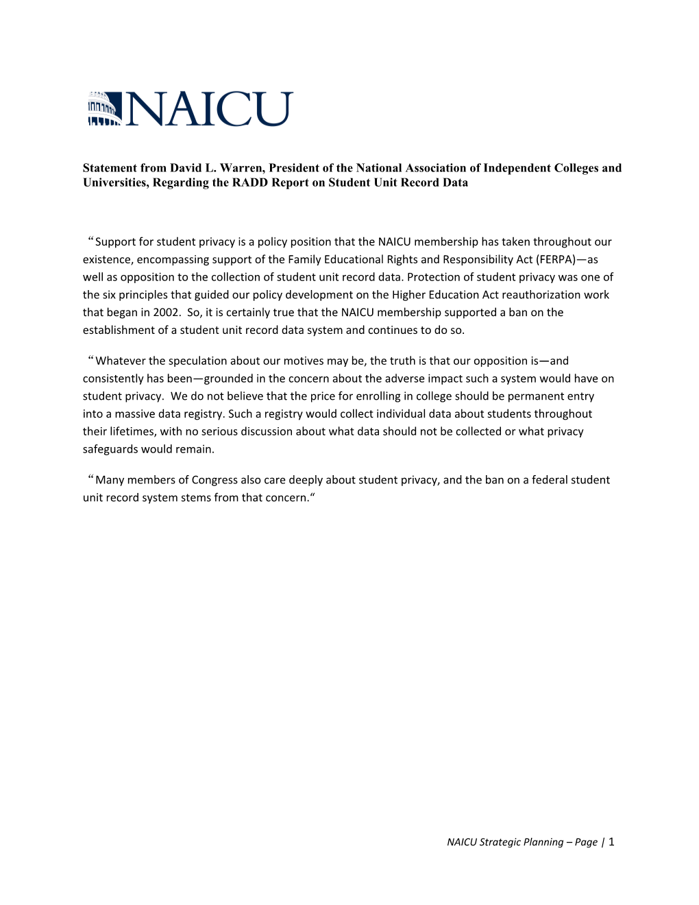 Statement from David L. Warren, President of the National Association of Independent Colleges