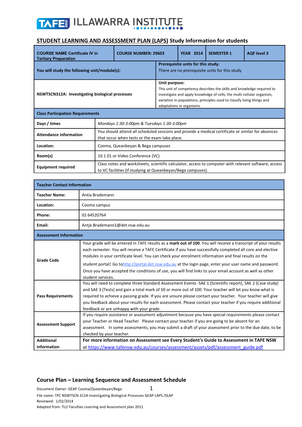 STUDENT LEARNING and ASSESSMENT PLAN (LAPS) Study Information for Students