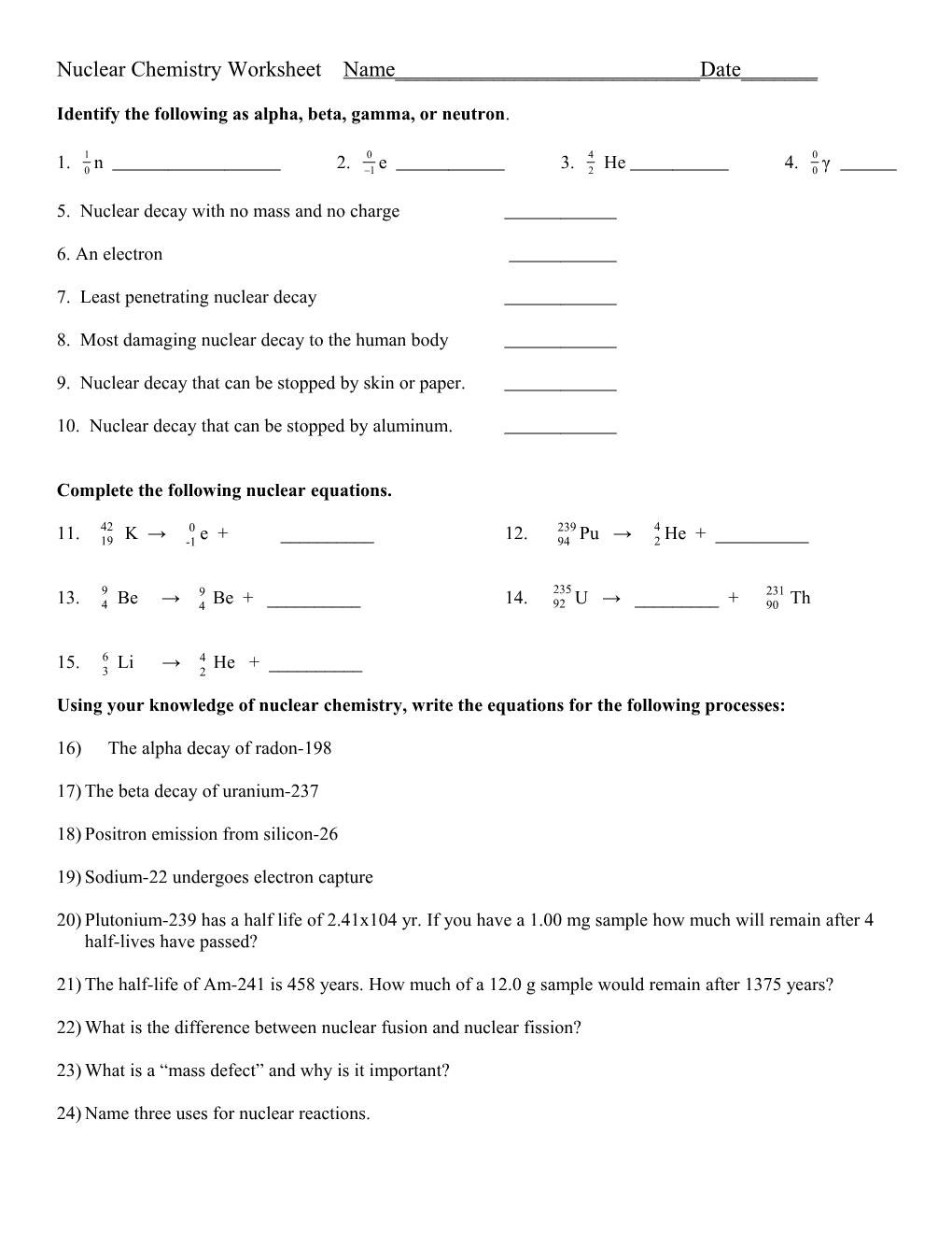 Nuclear Chemistry Worksheet