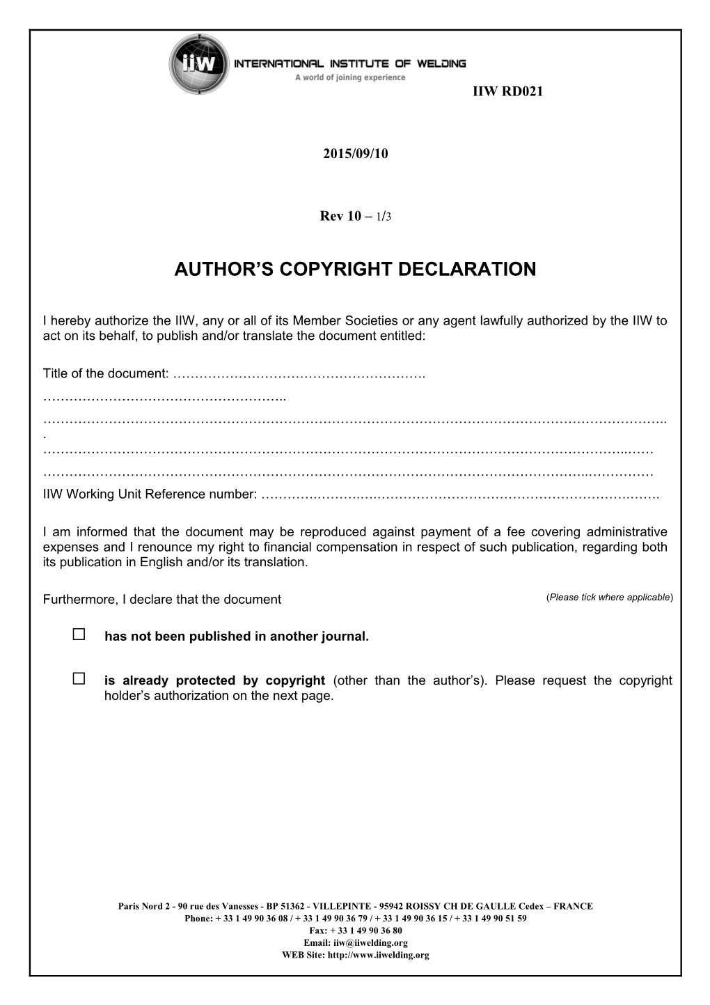 Author Copyright Declaration (Not for Use When Submitting to Peer Review)
