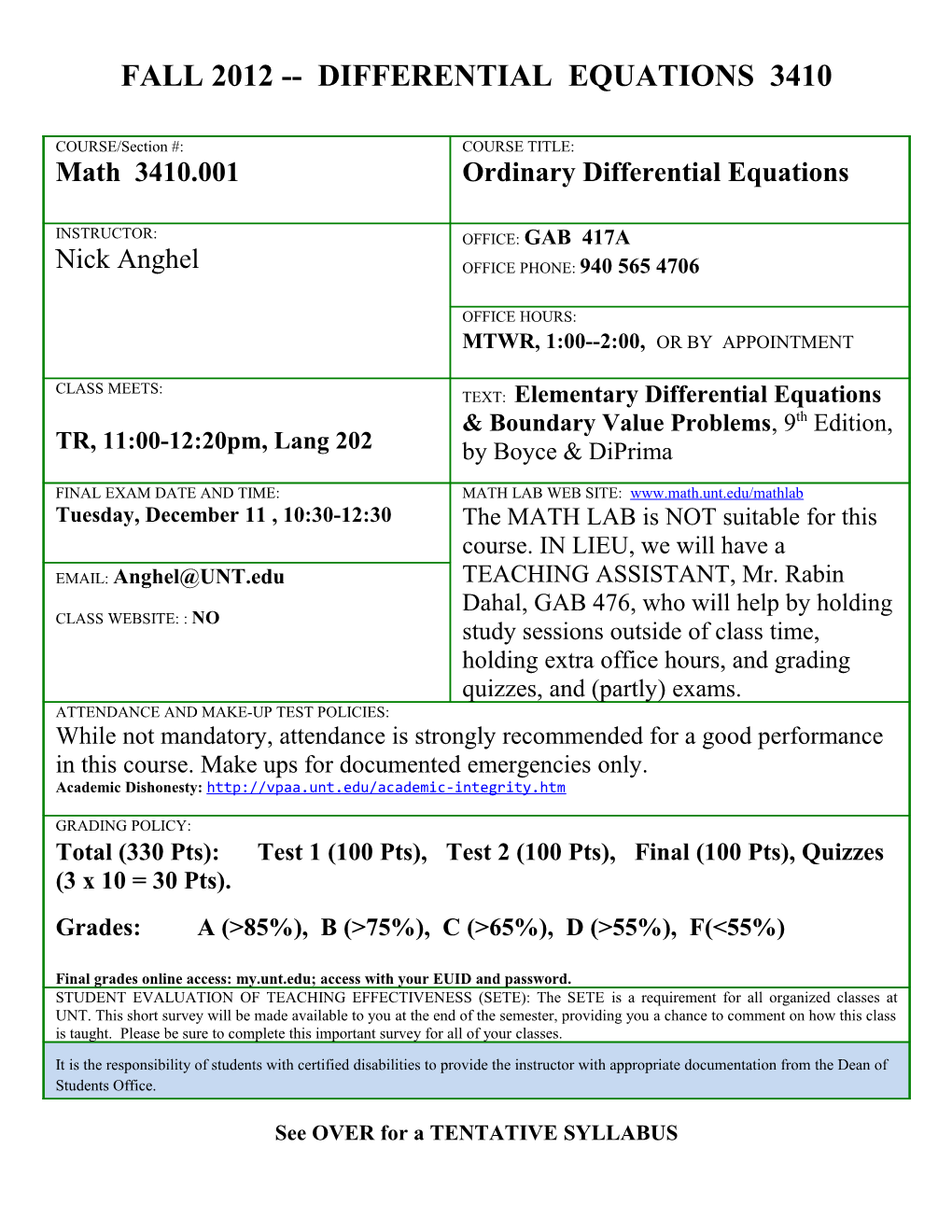 Fall 2012 Differential Equations 3410
