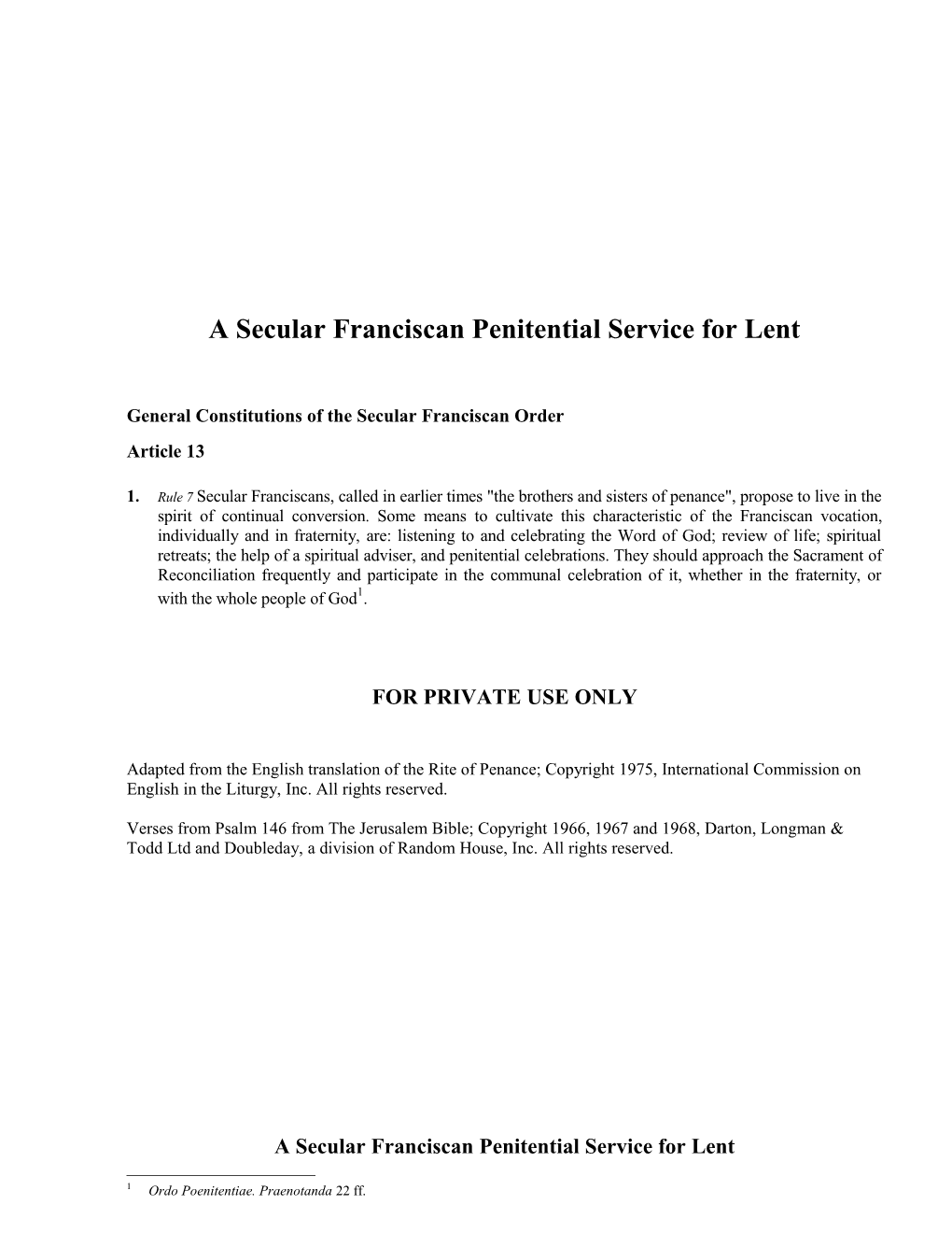 A Secular Franciscan Penitential Service for Lent