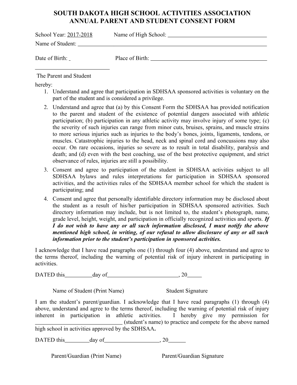 South Dakota High School Activities Association Annual Parent and Student Consent Form