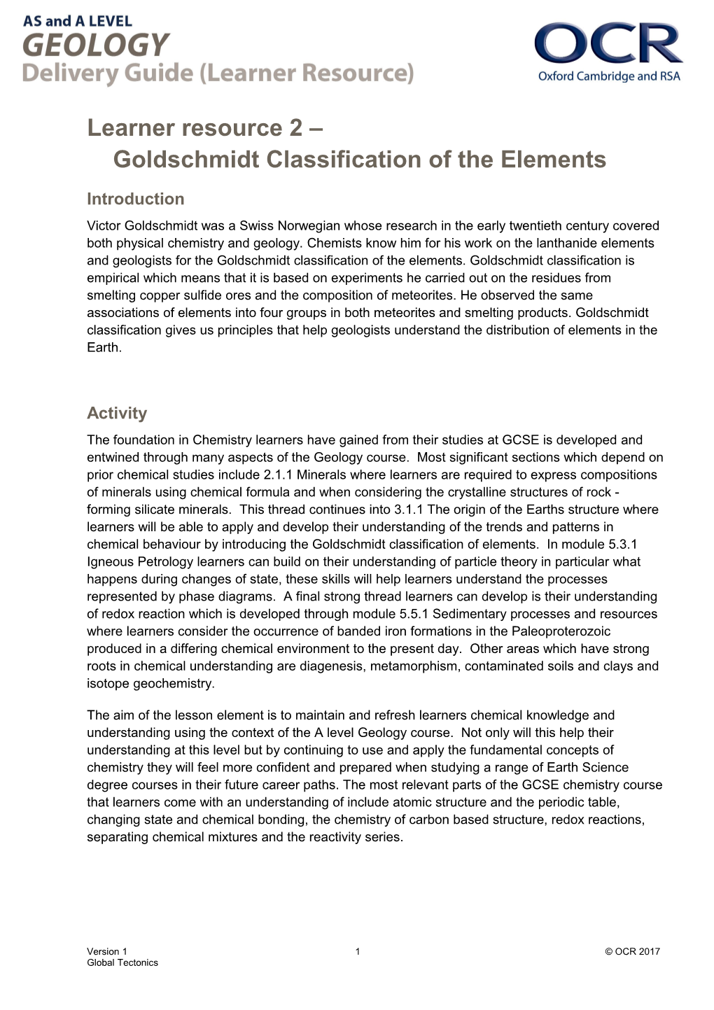 AS and a Level Geology Learner Resource 2 Global Tectonics