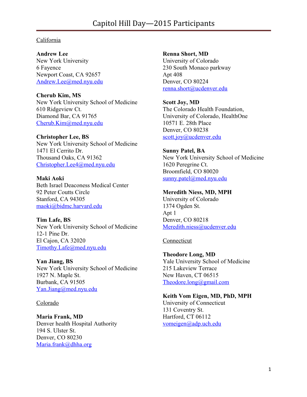 Capitol Hill Day 2015 Participants