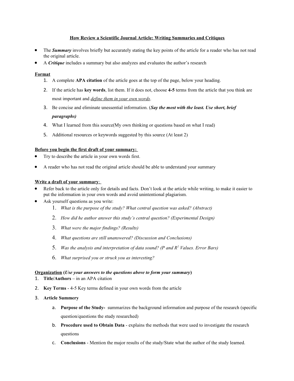 How Review a Scientific Journal Article: Writing Summaries and Critiques