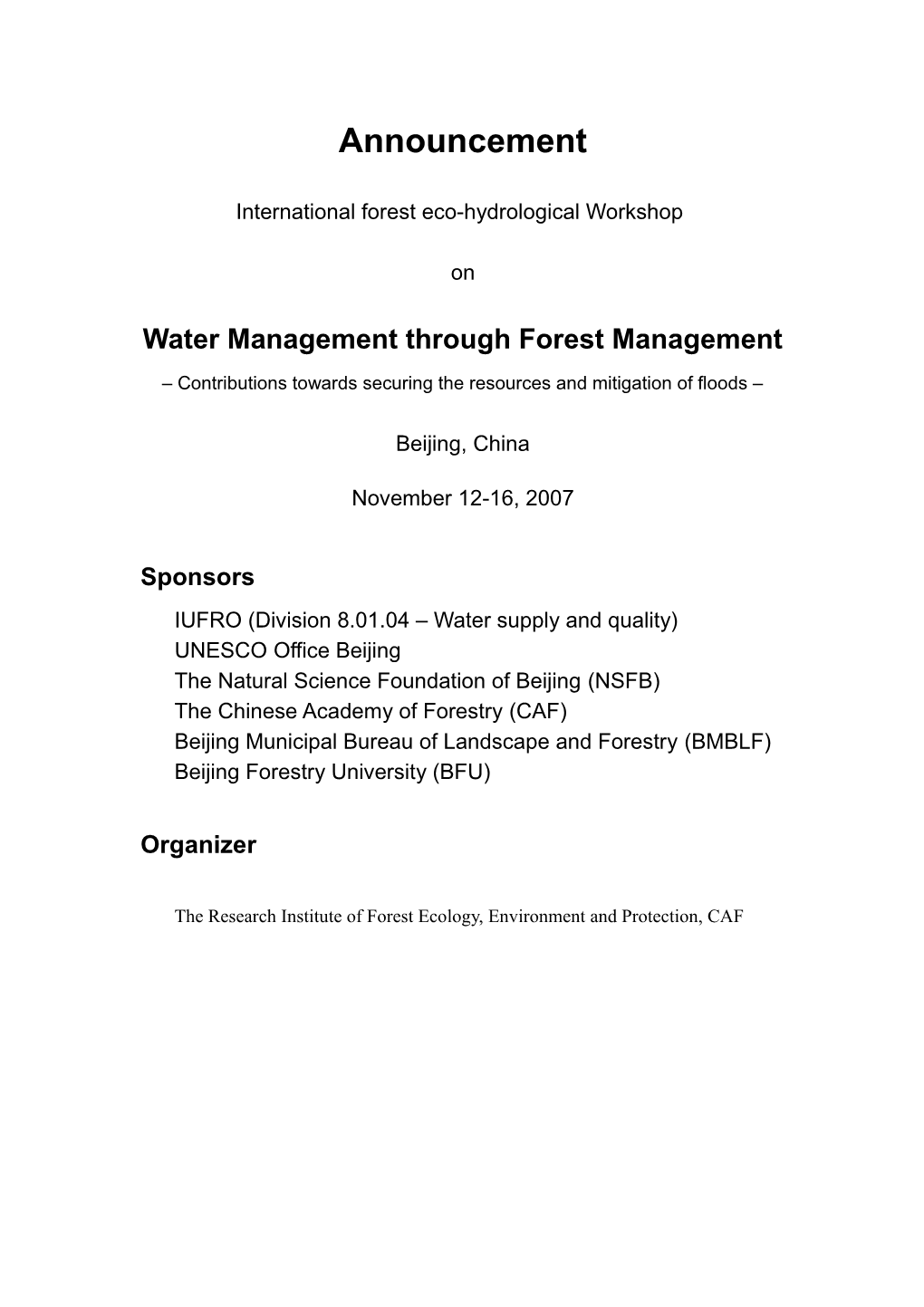 International Forest Eco-Hydrological Workshop