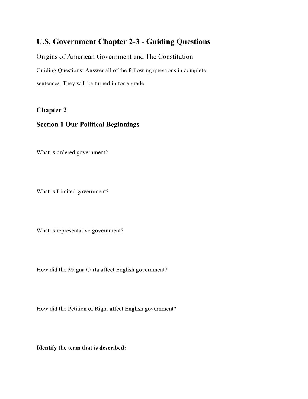 U.S. Government Chapter 2-3 - Guiding Questions