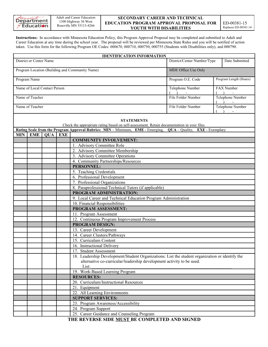 Secondary Career and Technical Education Program Approval Proposal for Youth with Disabilities