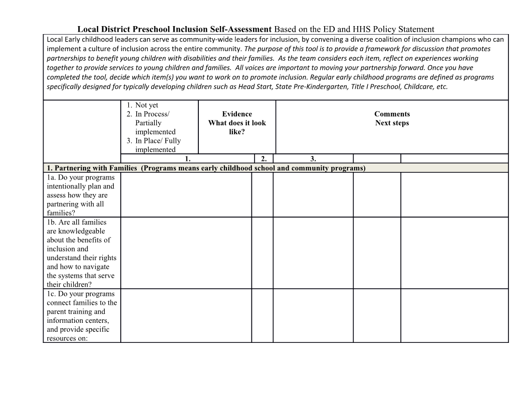 Local District Preschool Inclusion Self-Assessment Based on the ED and HHS Policy Statement