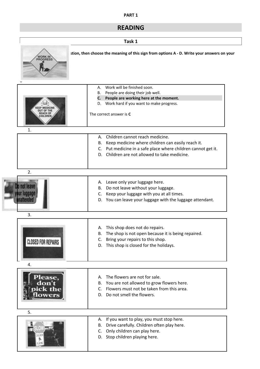 Look at the Sign in Each Question, Then Choose the Meaning of This Sign from Options A