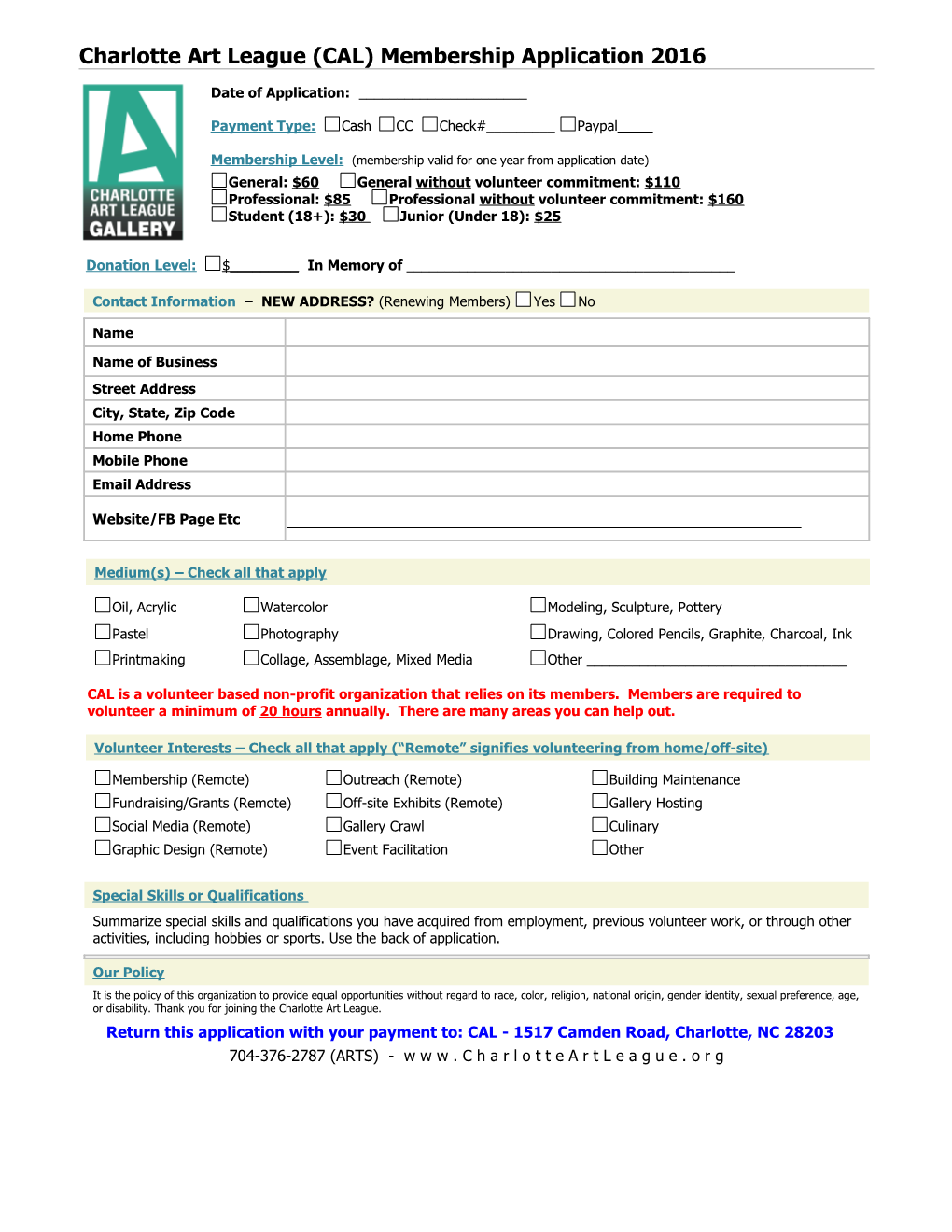 Charlotte Art League (CAL) Membership Application 2016