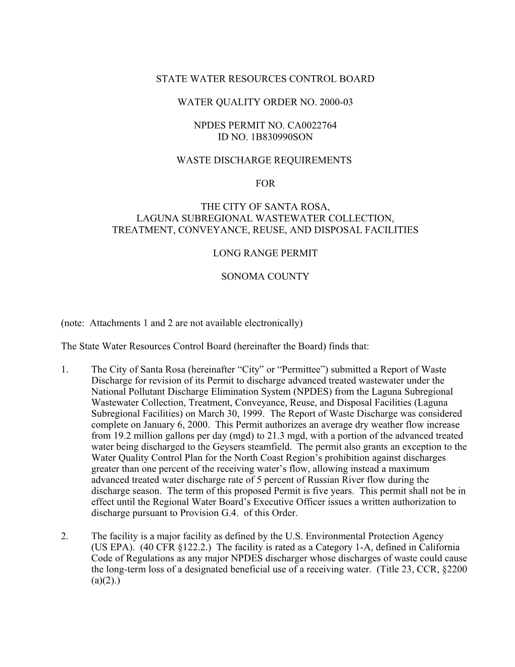 WQO 200-03/City of Santa Rosa NPDES Permit (Geyers)