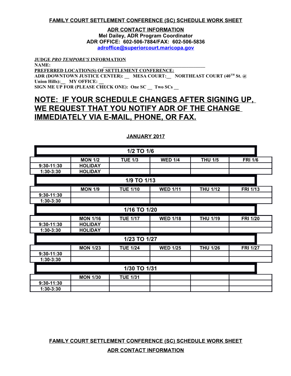 Family Court Settlement Conference (Sc) Schedule Work Sheet