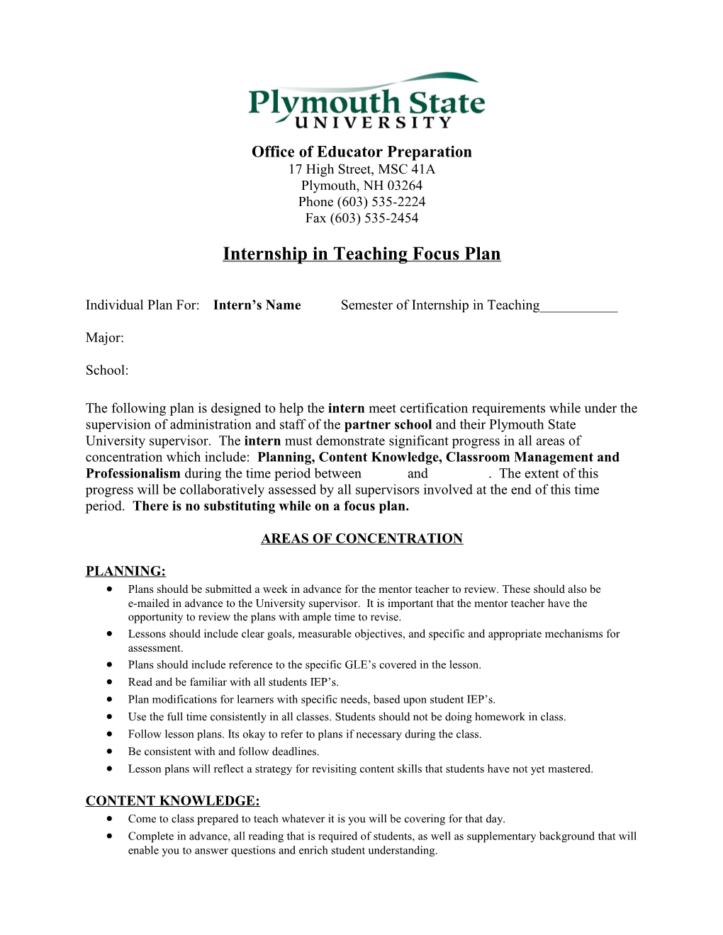 Student Teaching Focus Assessment Plan