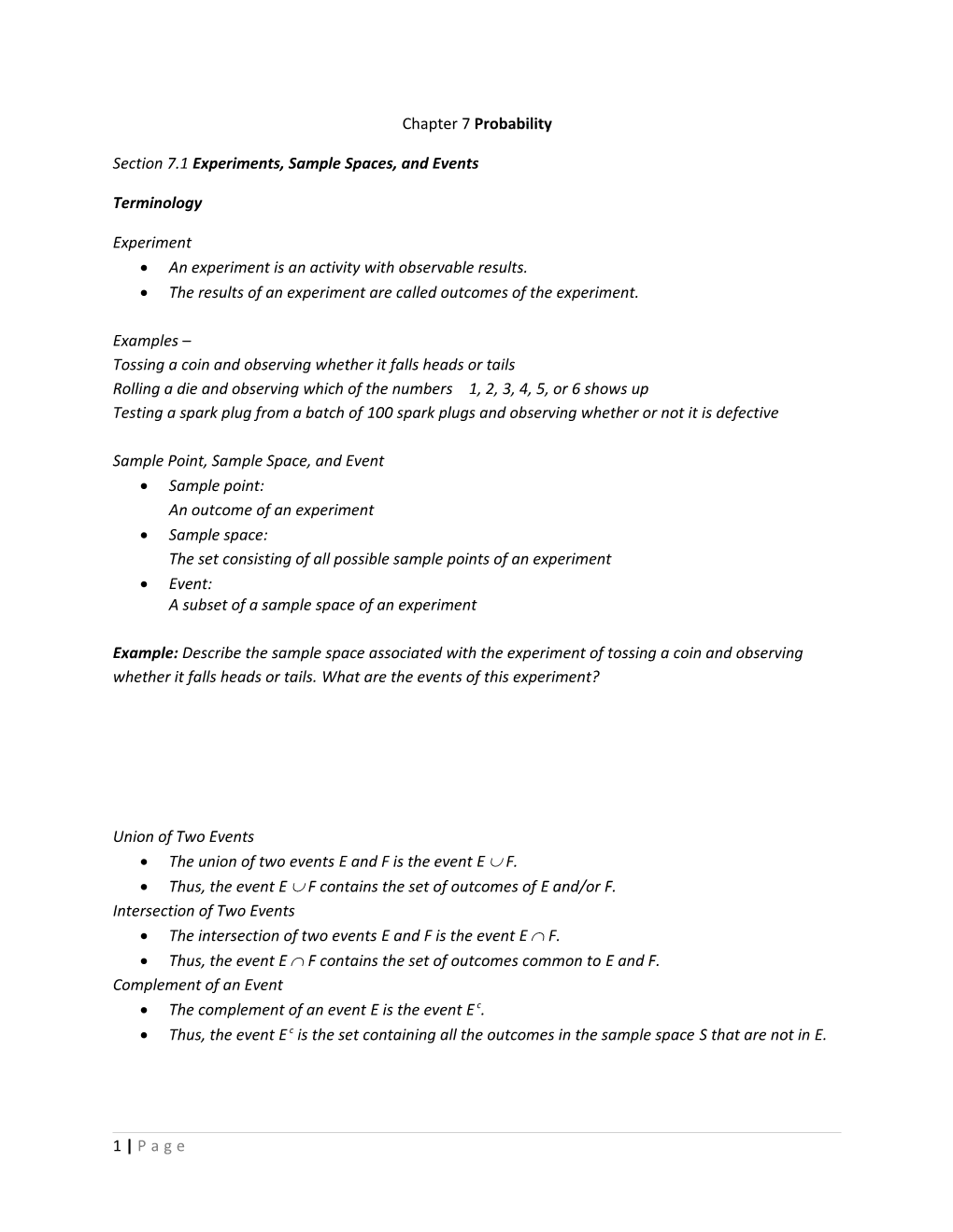 Section 7.1 Experiments, Sample Spaces, and Events